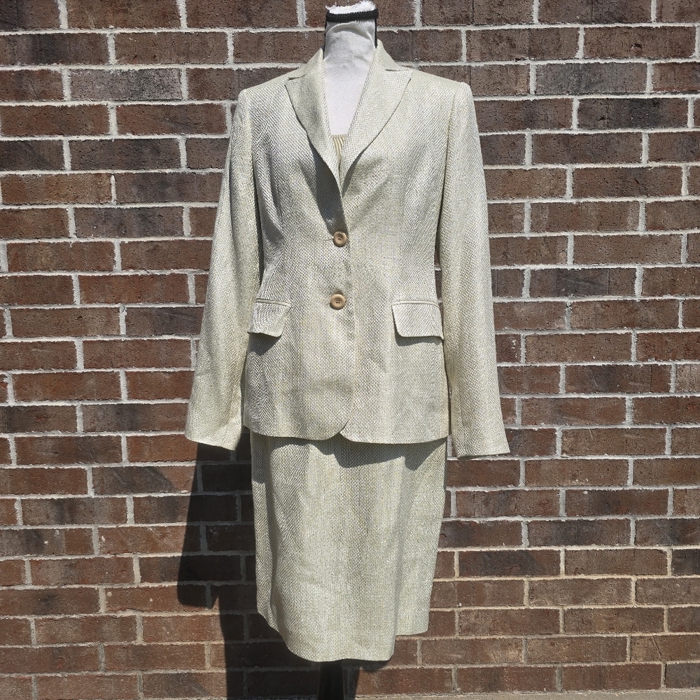 Neiman Marcus 3pc Silk Suit Set Beige Textured Blazer Skirt Top Size 6